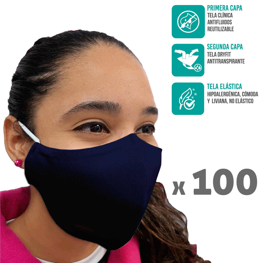 Pack 100 Mascarillas Reutilizables - Tela clínica antifluidos - Antitranspirante Dry Fit