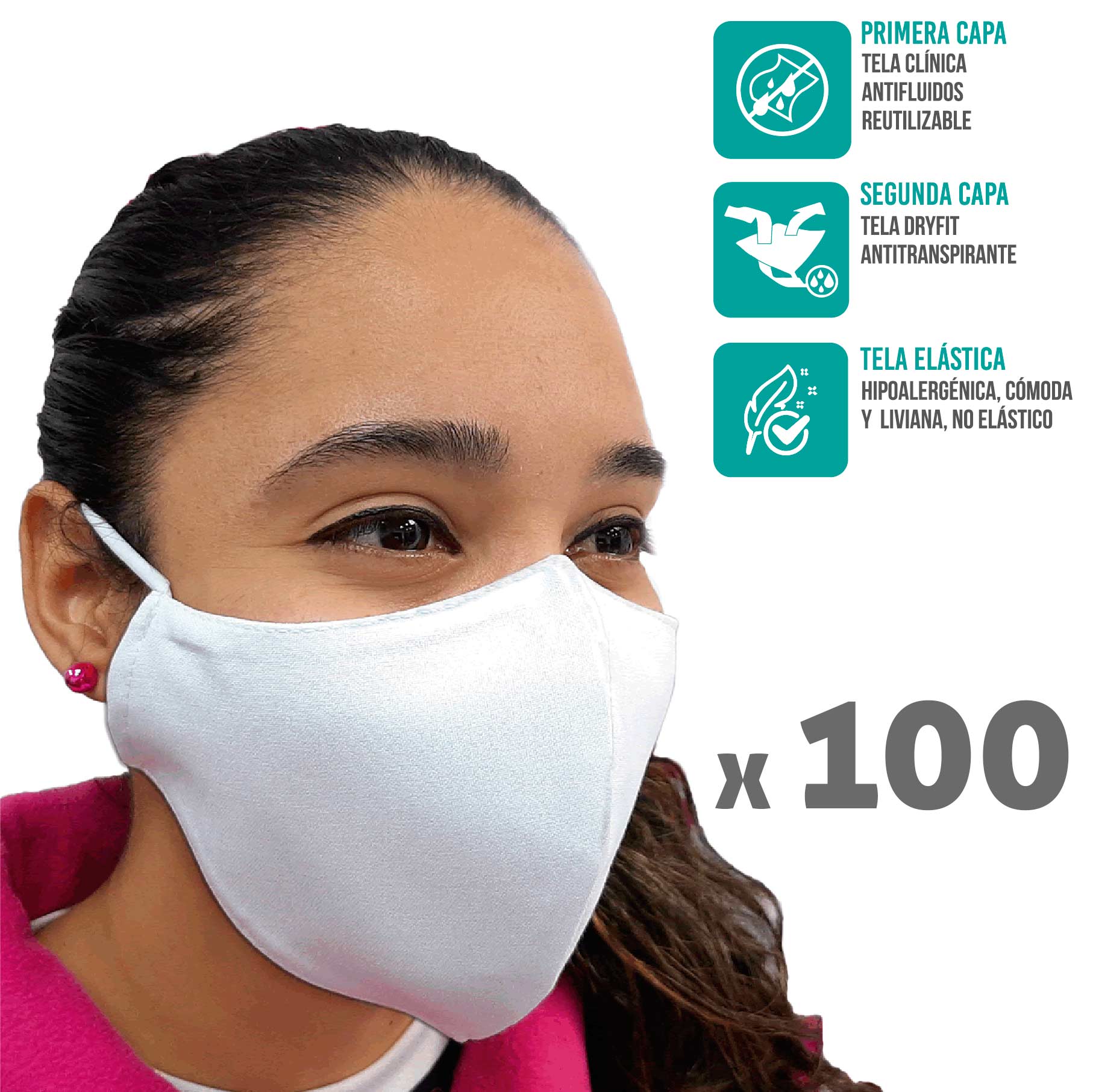 Pack 100 Mascarillas Reutilizables - Tela clínica antifluidos - Antitranspirante Dry Fit