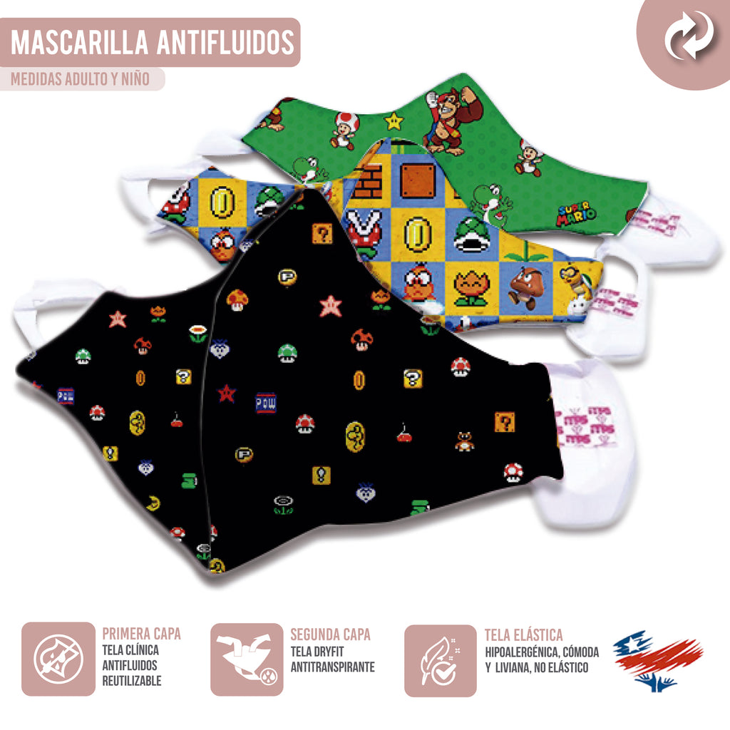 Pack 3 Mascarillas Reutilizables Personalizadas Mario Bross Antifluidos Antitranspirante