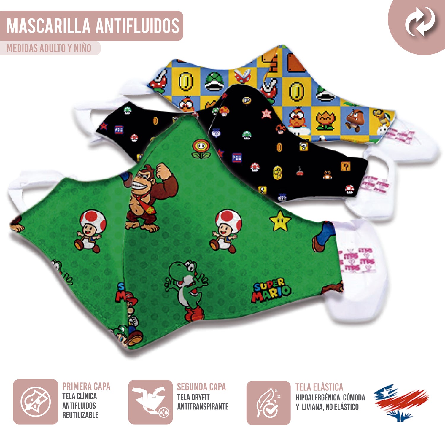 Mascarilla Reutilizable Personalizada Mario Bross Antifluidos Antitranspirante