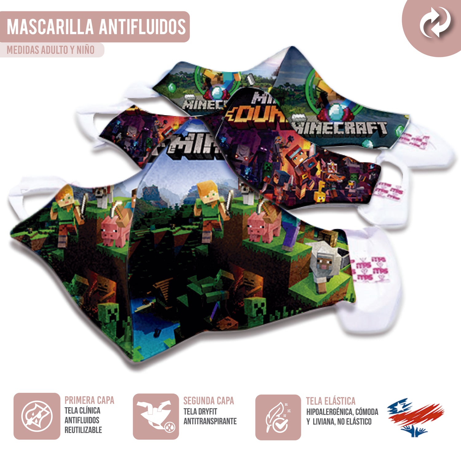Mascarilla Reutilizable Personalizada Minecraft Antifluidos Antitranspirante