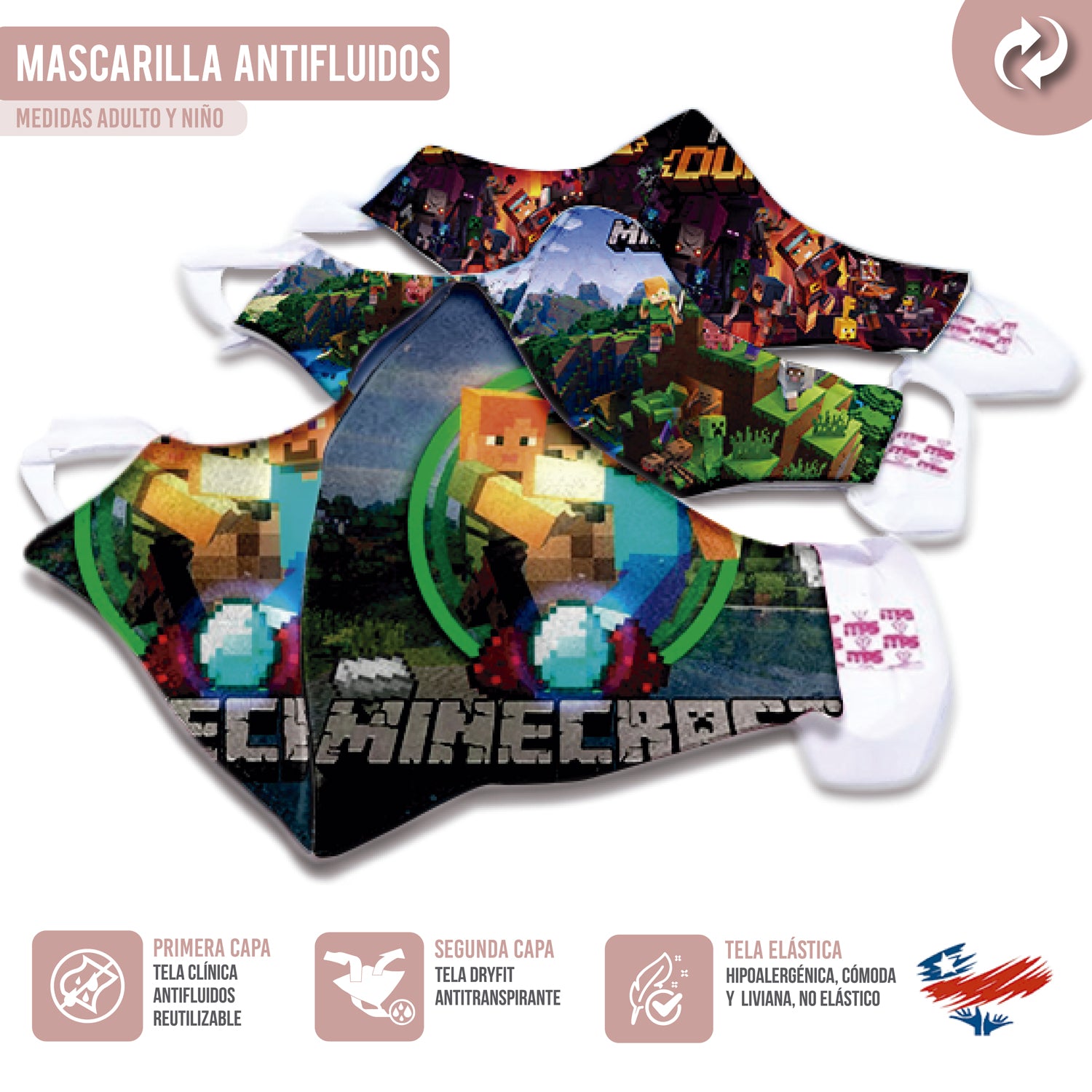 Mascarilla Reutilizable Personalizada Minecraft Antifluidos Antitranspirante