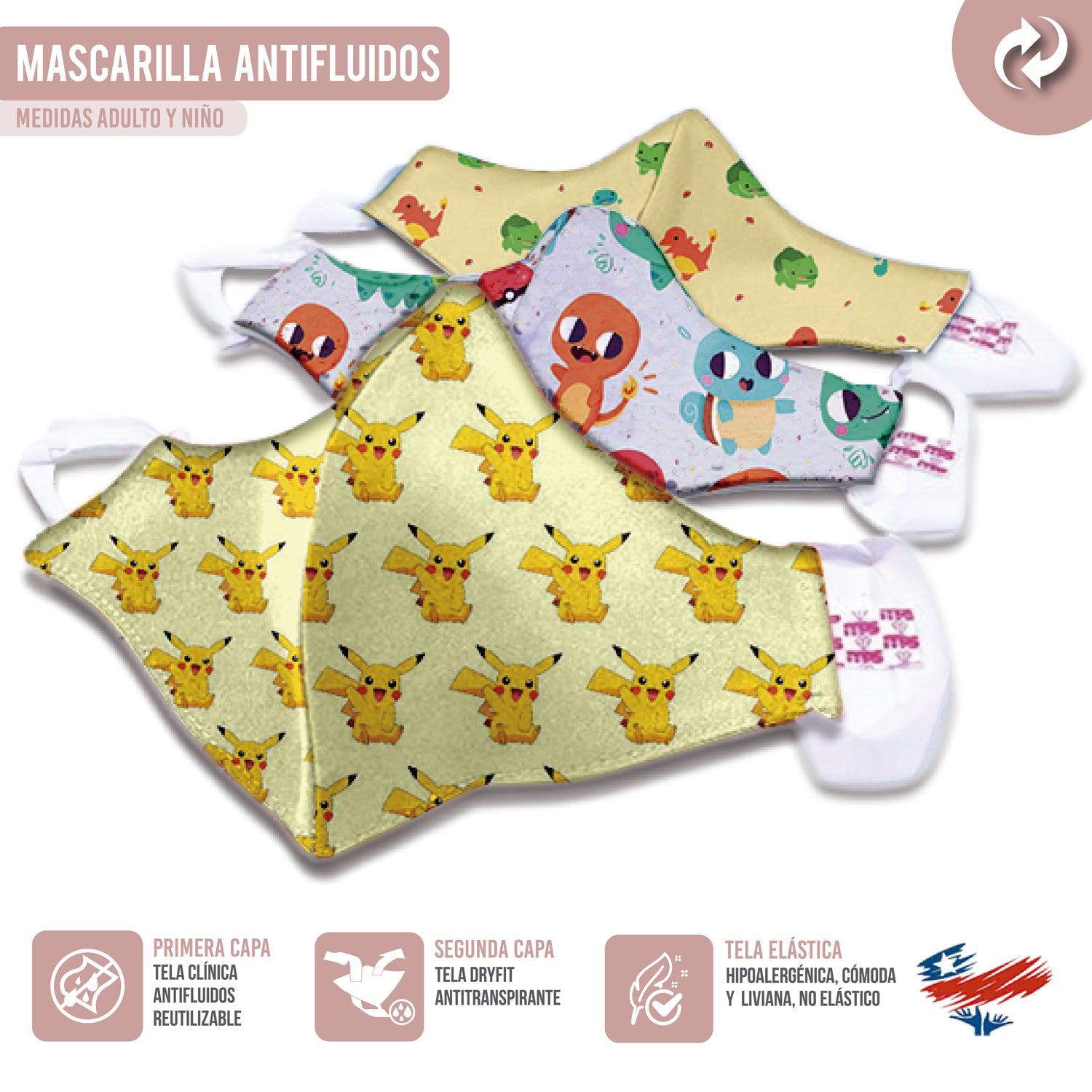 Mascarilla Reutilizable Personalizada Pokemon Antifluidos Antitranspirante