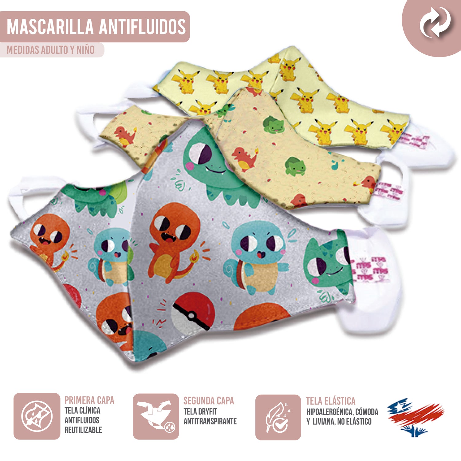 Mascarilla Reutilizable Personalizada Pokemon Antifluidos Antitranspirante