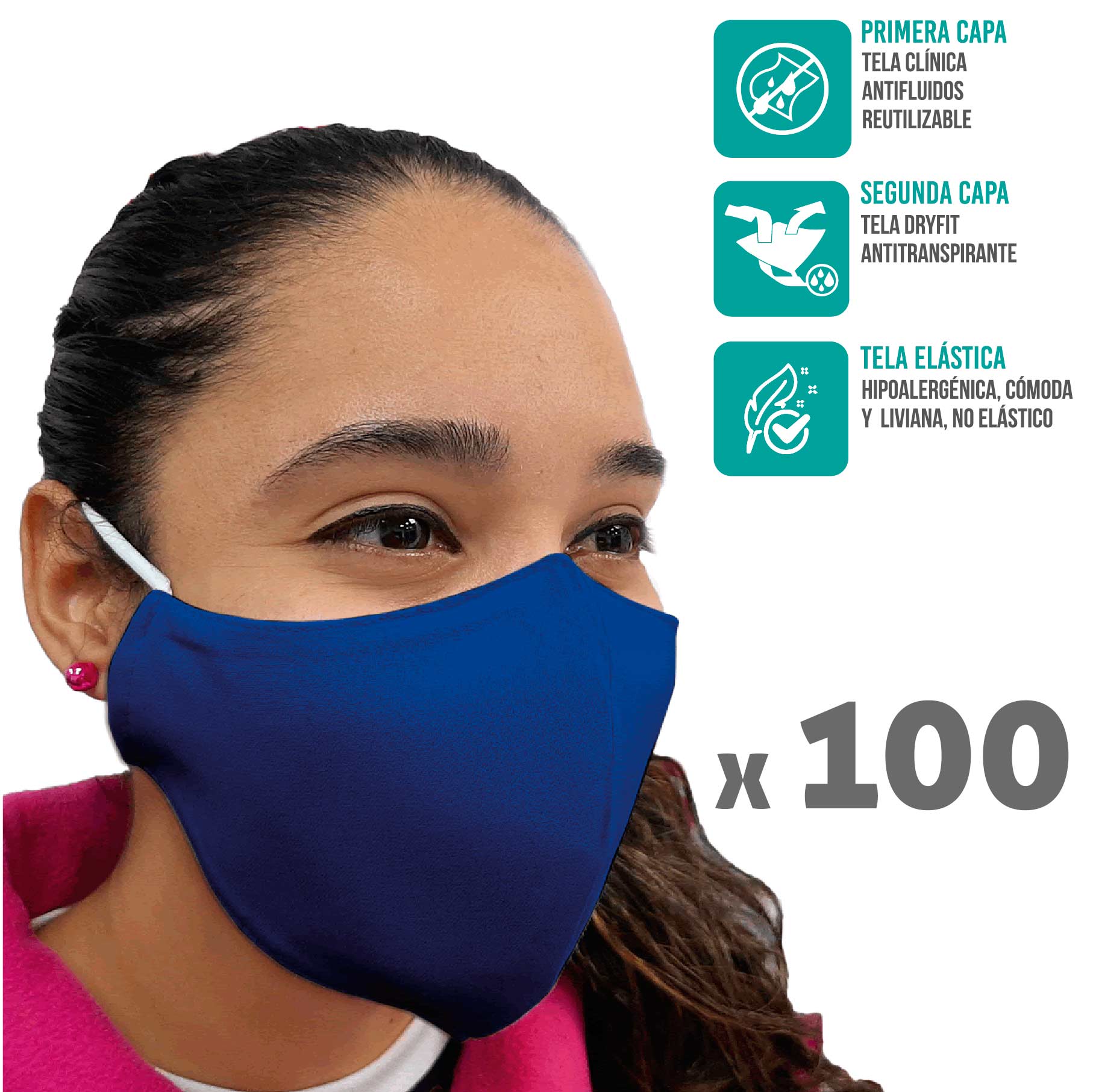 Pack 100 Mascarillas Reutilizables - Tela clínica antifluidos - Antitranspirante Dry Fit