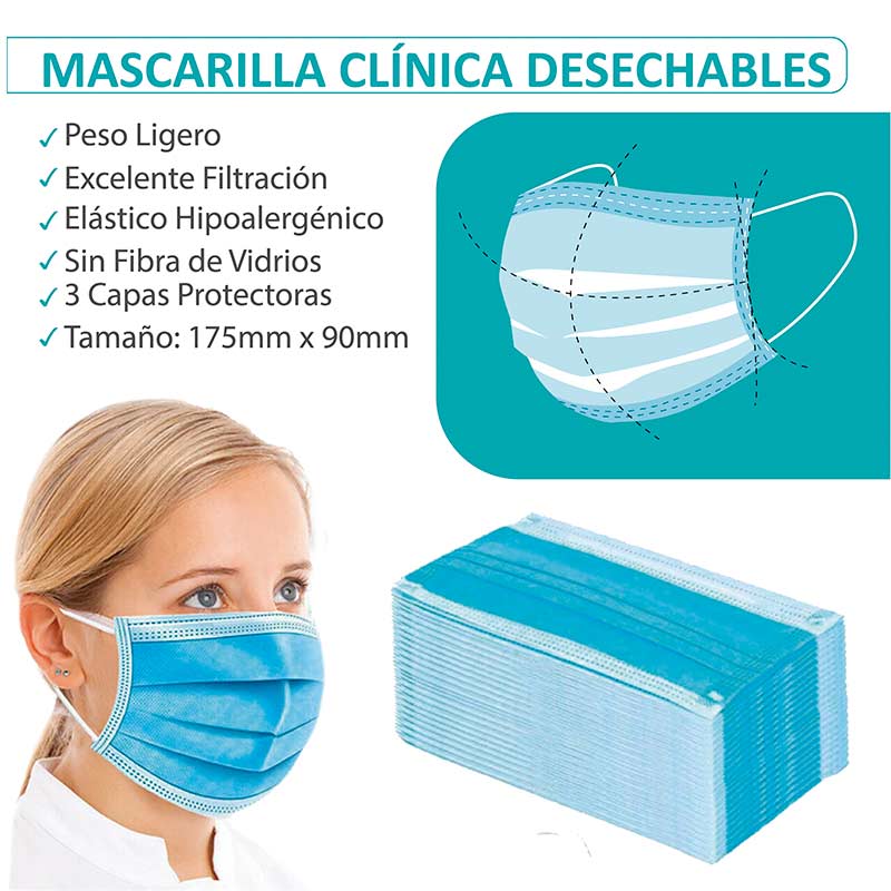 Mascarilla Desechable Quirúrgica 50 Unidades 3 Pliegues