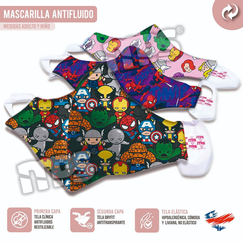 Pack 3 Mascarillas Reutilizables Personalizadas Avengers Antifluidos Antitranspirante