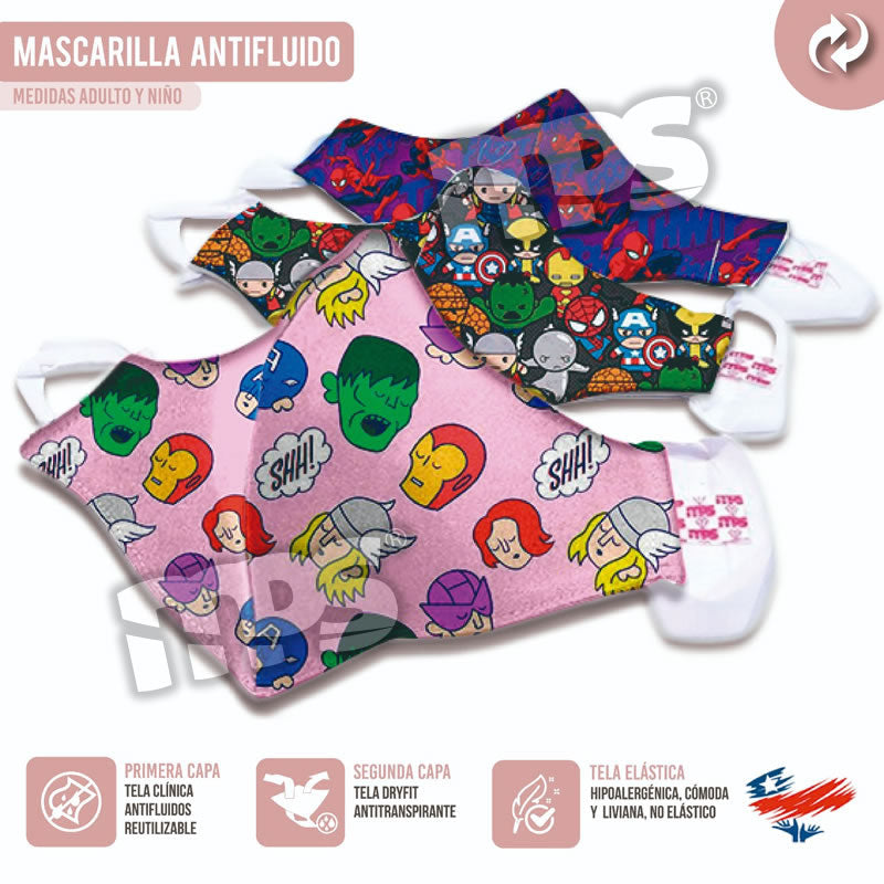 Pack 3 Mascarillas Reutilizables Personalizadas Avengers Antifluidos Antitranspirante